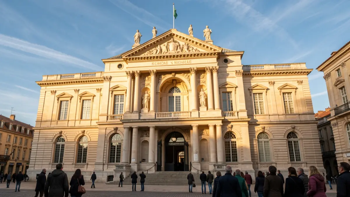 Façade de l'Hôtel de Ville de Nîmes sous le soleil d'après-midi.