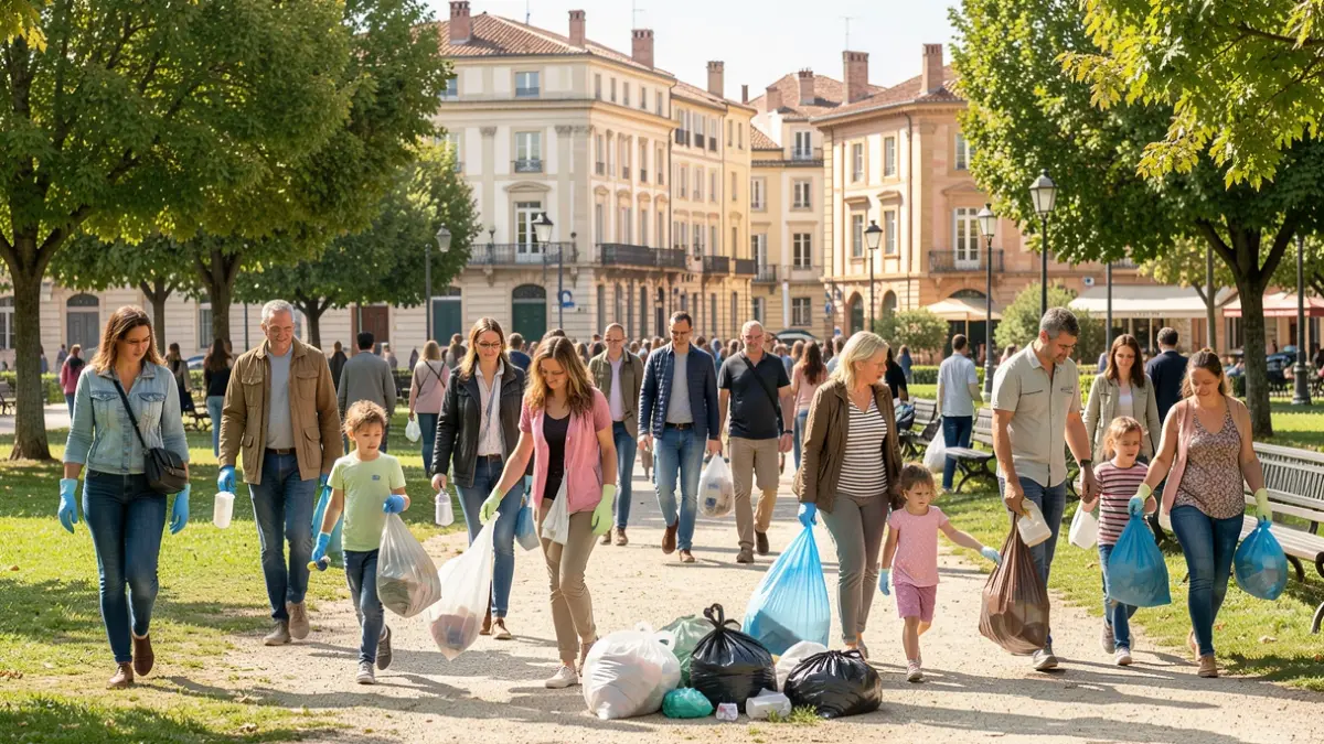 Image générique de personnes ramassant des déchets dans un parc urbain, avec des bâtiments typiques du sud de la France en arrière-plan.