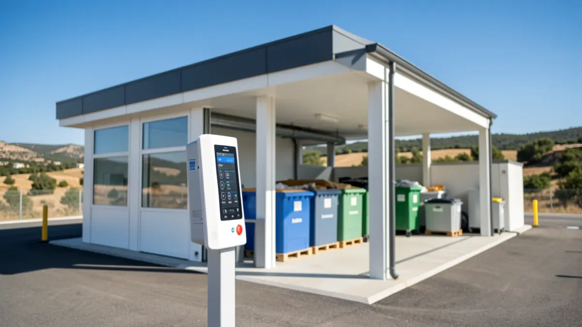 Modernized entrance of a Nîmes Métropole waste disposal center with license plate recognition system.
