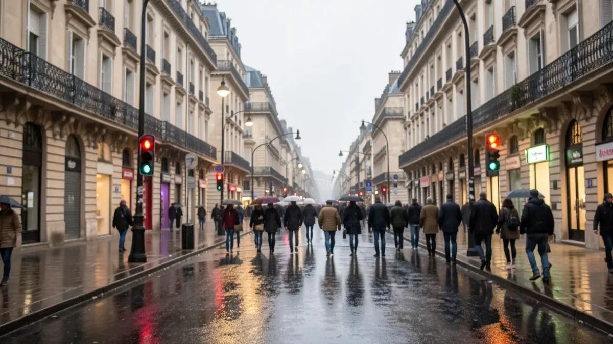 Generic image of rainy streets in Nîmes with municipal buildings and traffic lights.
