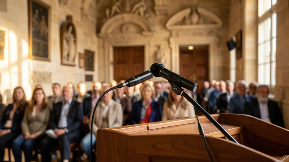 Generic image of a microphone on a podium in a town hall in southern France.