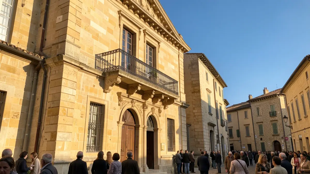 Image générique de la façade d'un hôtel de ville en pierre du sud de la France, avec balcon orné et ciel bleu.