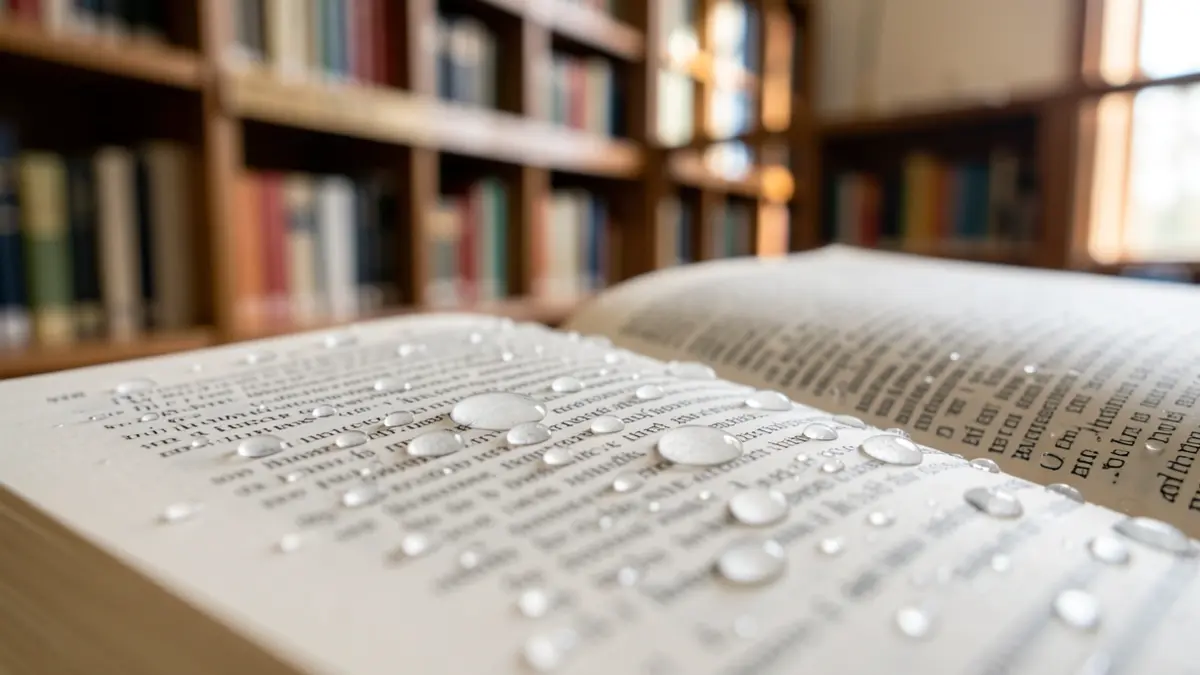 Generic image of water droplets on a book page in a library, with blurred shelves in the background.