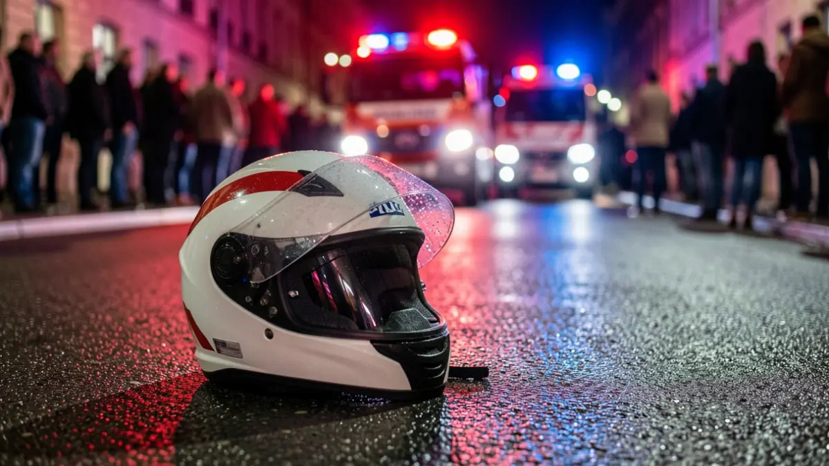 Generic image of a helmet on a wet road at night, with blurred blue and red police lights.