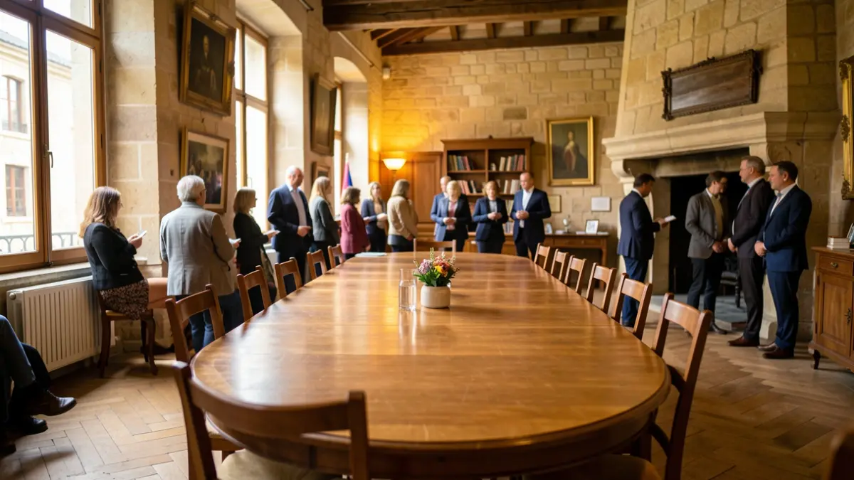 Salle de réunion dans une mairie du sud-ouest de la France, avec une table et des chaises. Ambiance de réunion officielle.