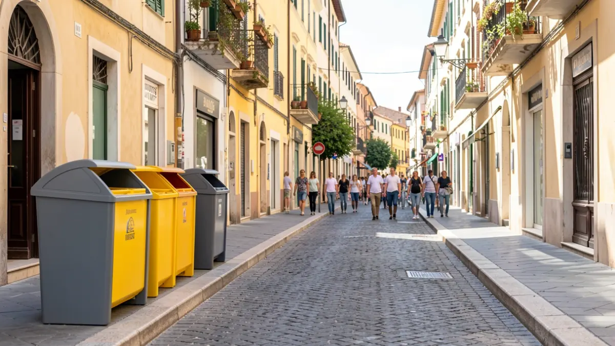 Image générique de poubelles modernes dans une rue ensoleillée d'une ville méditerranéenne.