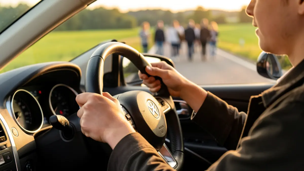 Generic image of hands holding a car steering wheel, with a blurred background of a road and landscape.