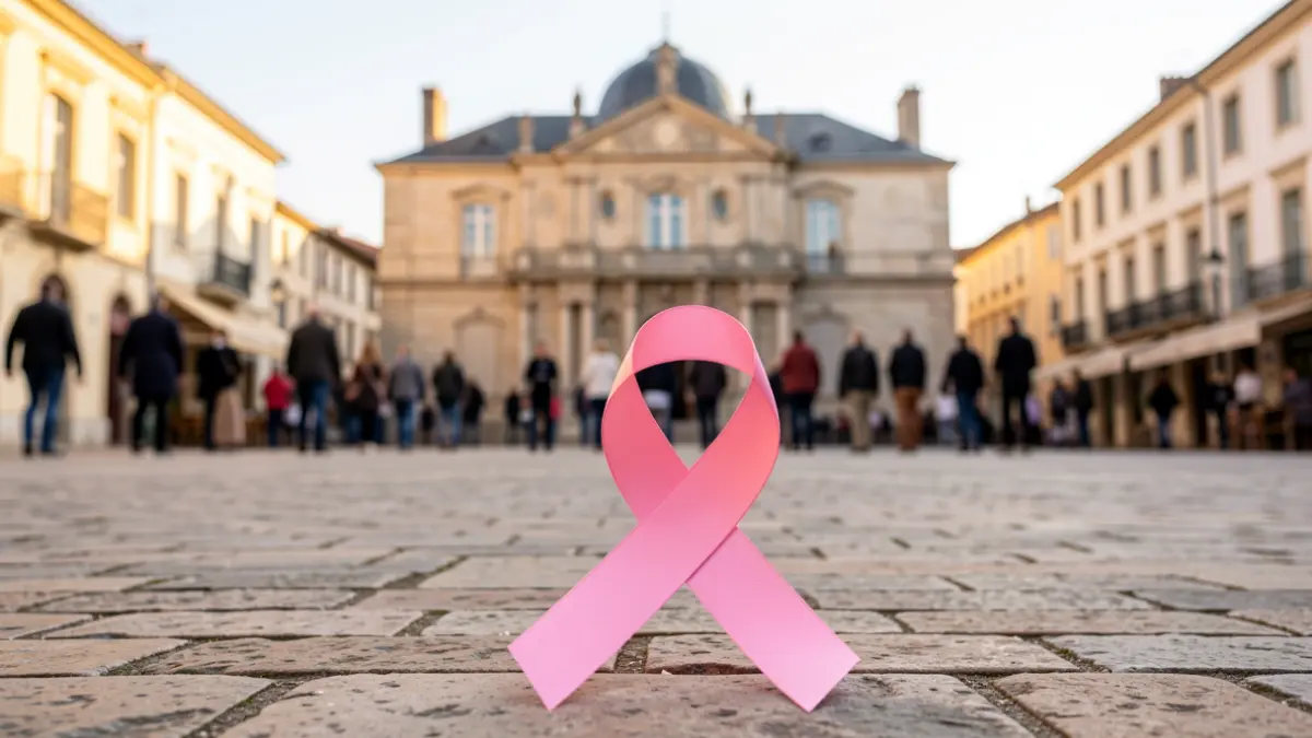 Pink ribbon symbol for October Rose on the town hall square in Lunel.