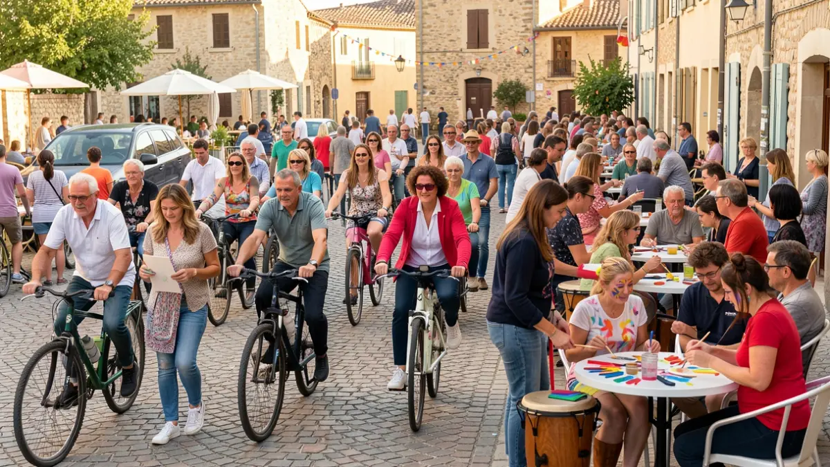 Generic image of a diverse crowd participating in a solidarity event, with cyclists and activities, in a festive atmosphere.