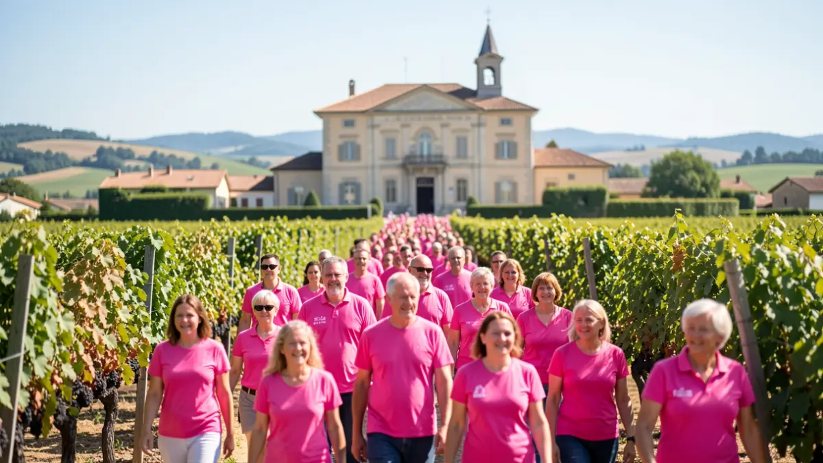 Generic image of participants in a solidarity walk through vineyards, under a blue sky.