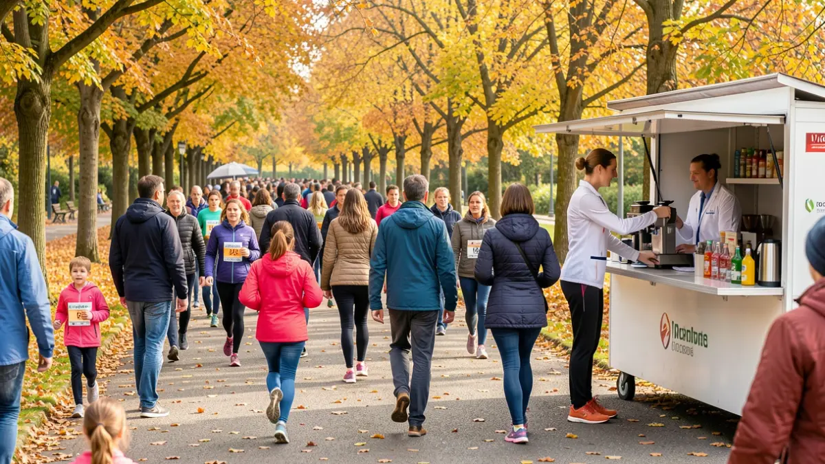 Charity walk and run event in a park, featuring health professionals and a refreshment stand.