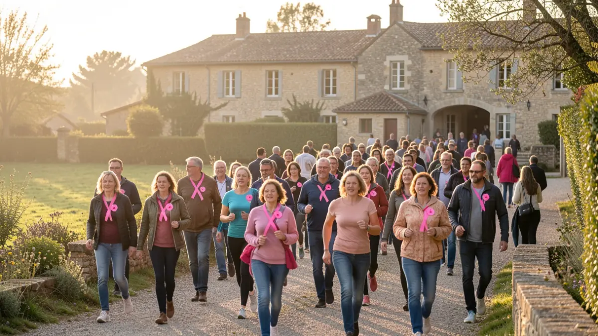 Generic image of participants in a solidarity walk for Octobre Rose in Maubourguet, with traditional Southwestern French houses in the background.