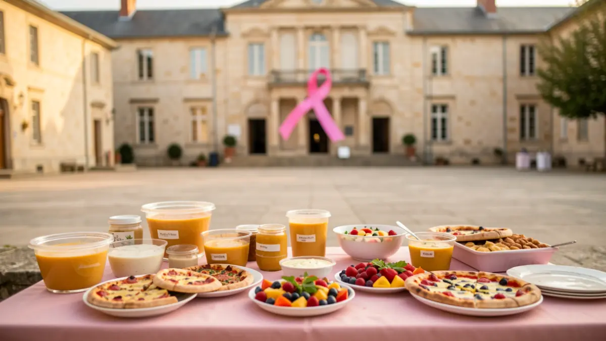 Stand solidaire pour Octobre Rose sur le parvis de la mairie de Vic-en-Bigorre.