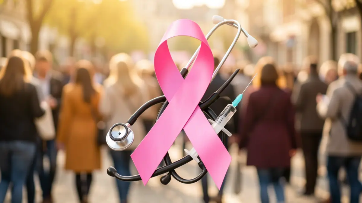 Pink ribbon symbol of October Rose intertwined with a stethoscope and a syringe.