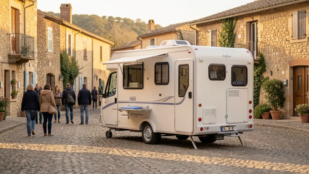 Generic image of a mobile screening unit parked in a rural village, afternoon light.