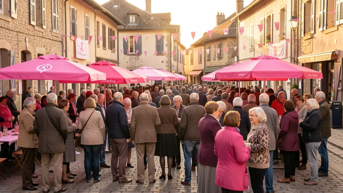Image générique: avec des parapluies roses et une ambiance solidaire.