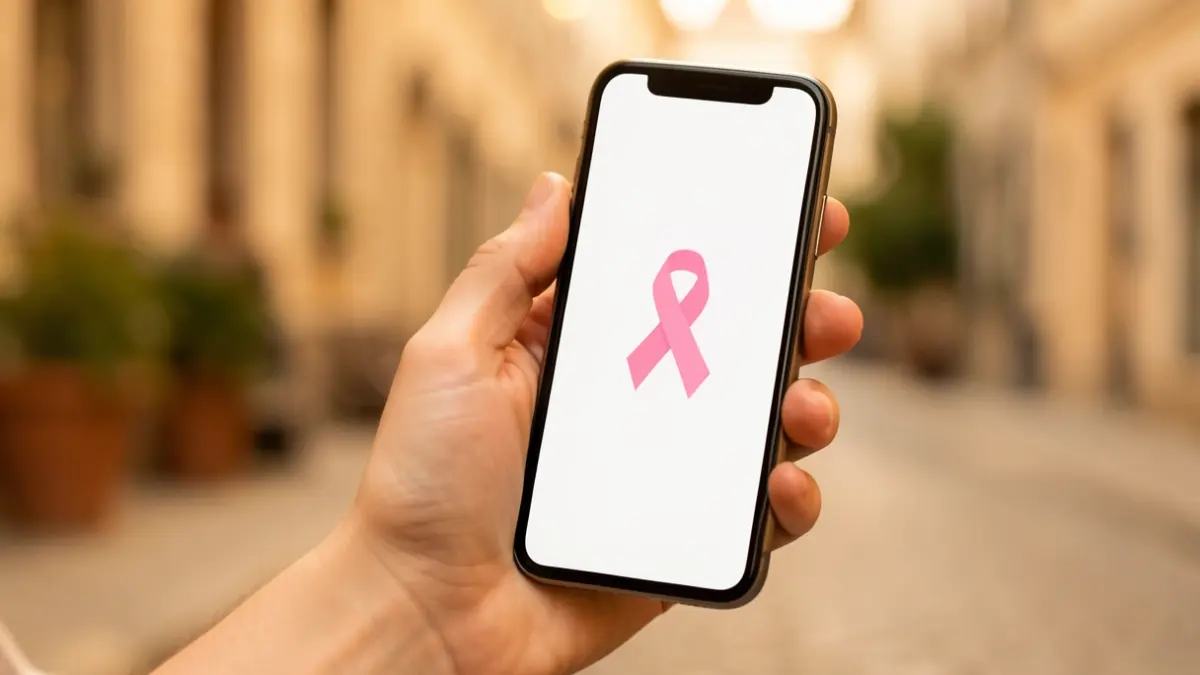 Image générique d'une main de femme tenant un smartphone affichant un message avec un symbole de ruban rose.