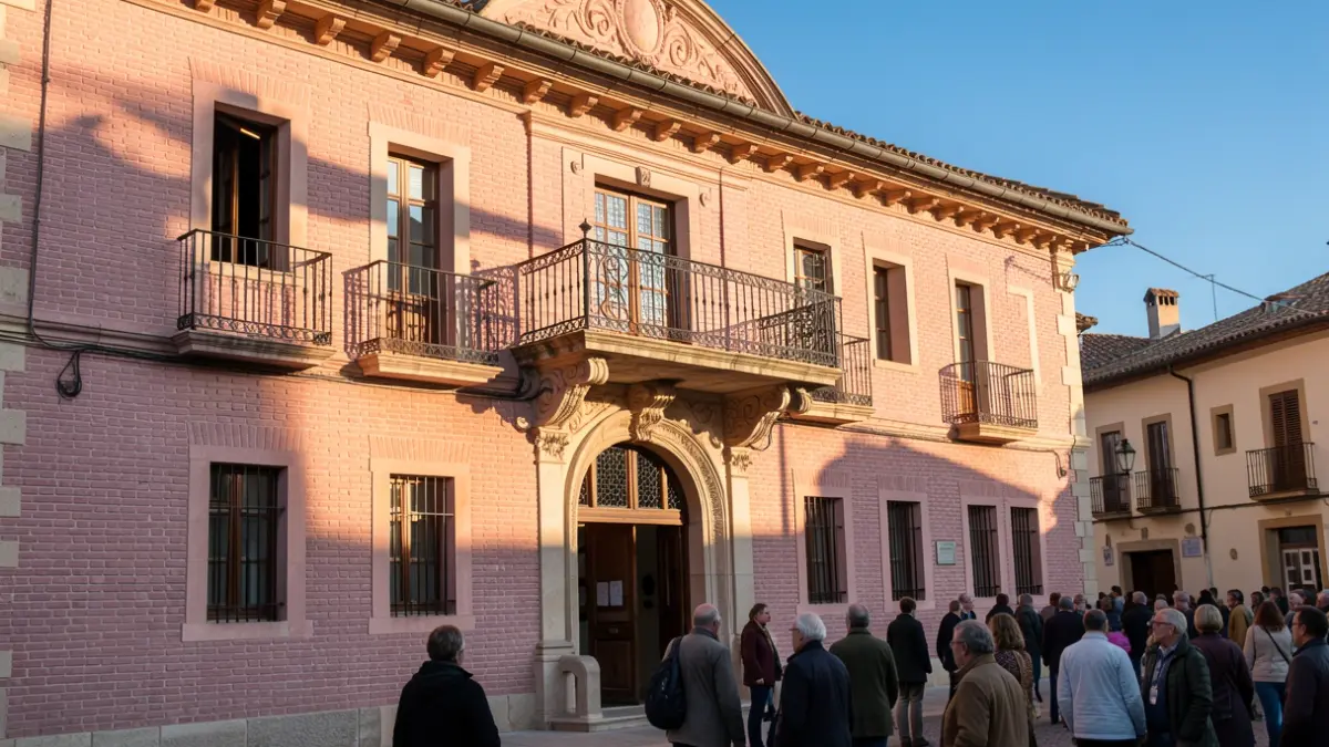 Generic image of a traditional pink brick town hall facade from the Southwest, featuring an ornate balcony and iron railings, under an afternoon sun.