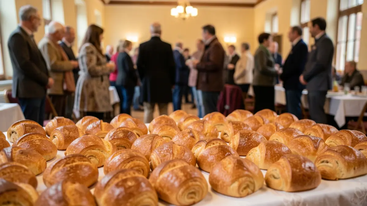 Image générique de brioches disposées sur une table dans une salle communale.