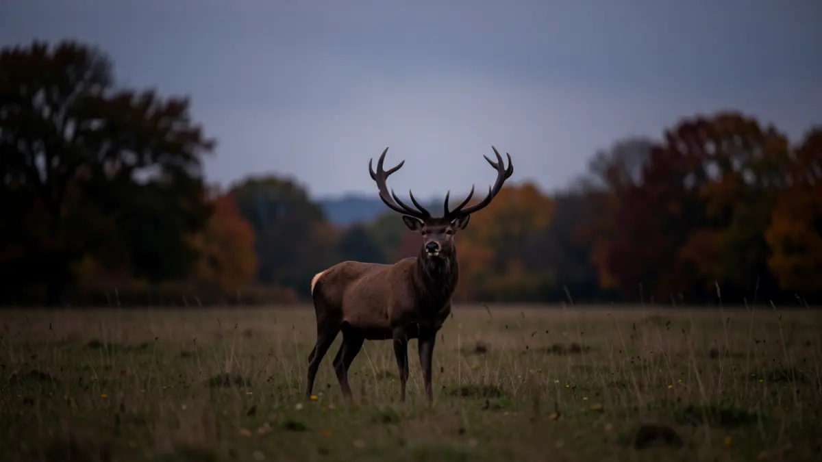 Image générique d'un cerf mâle en silhouette dans un pré au crépuscule, dans un paysage de type Occitanie.
