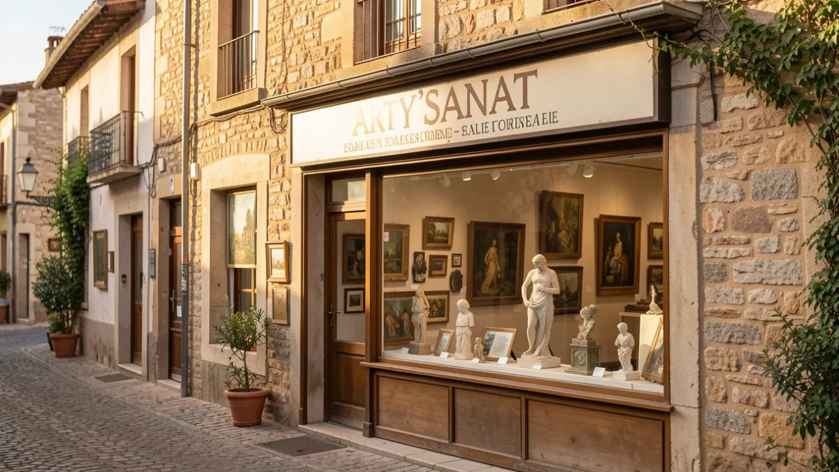 Façade de la galerie d'art Arty'Sanat à Lourdes, exposant des œuvres locales.