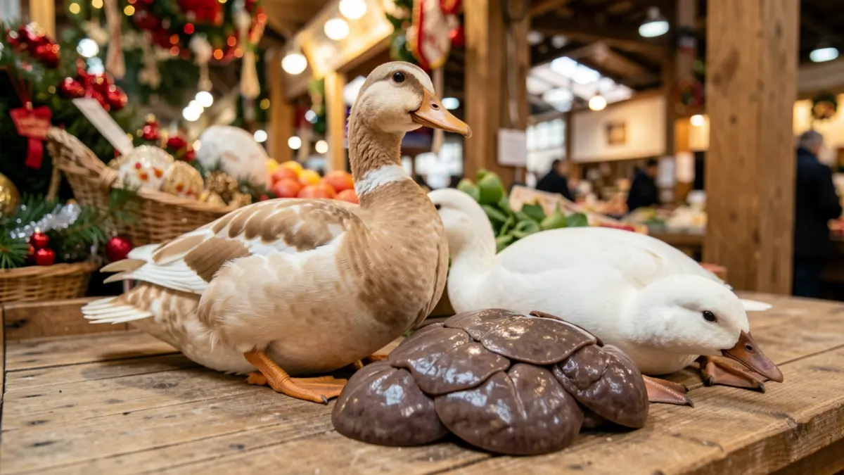 Generic image of foie gras and poultry on a market stall.