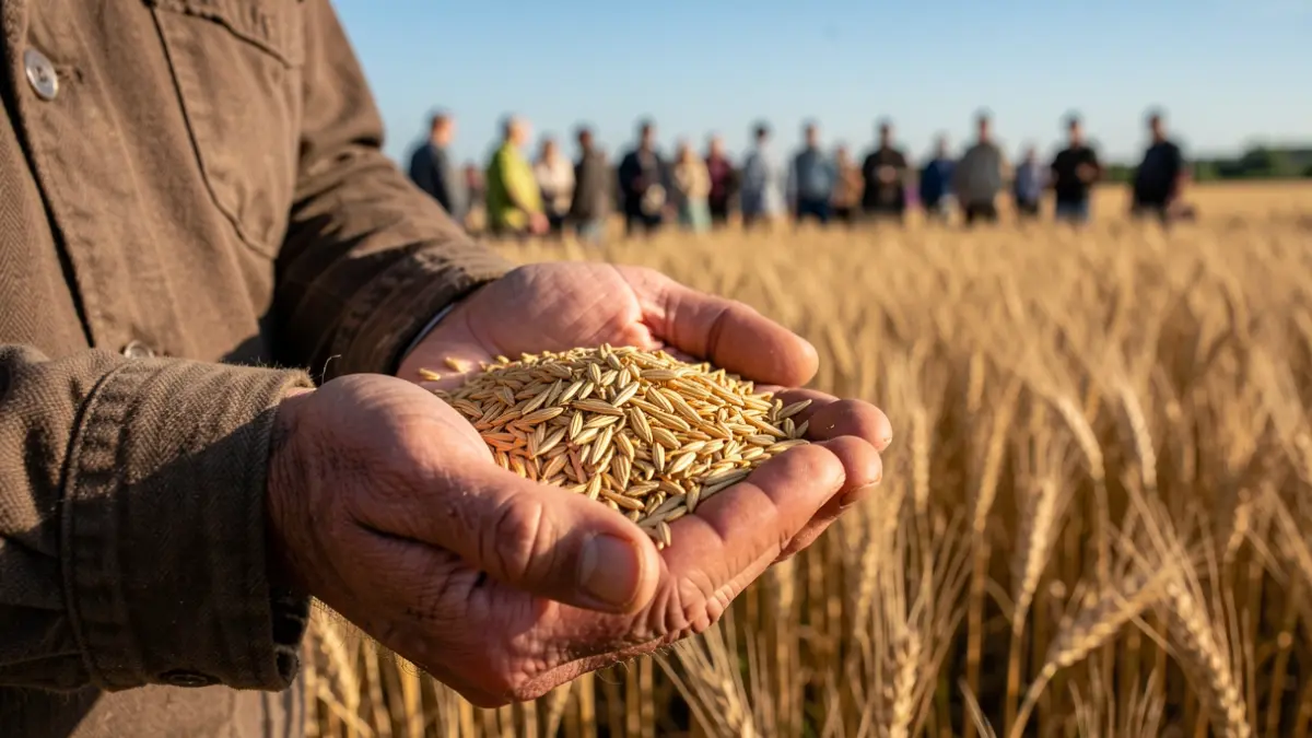 Farmer's hand holding golden wheat, blurred agricultural fields in the background.