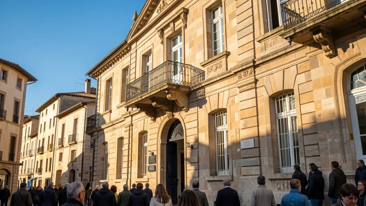Image générique de la façade en pierre d'un hôtel de ville d'Occitanie avec balcon et balustrade en fer forgé, lumière chaude de l'après-midi, ciel bleu.