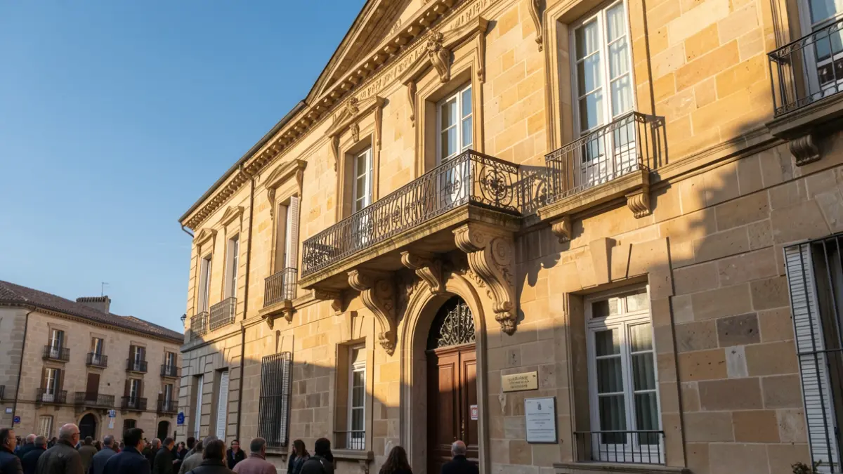 Image générique de la façade d'un bâtiment officiel en pierre dans le sud de la France, avec un balcon orné et un ciel bleu.