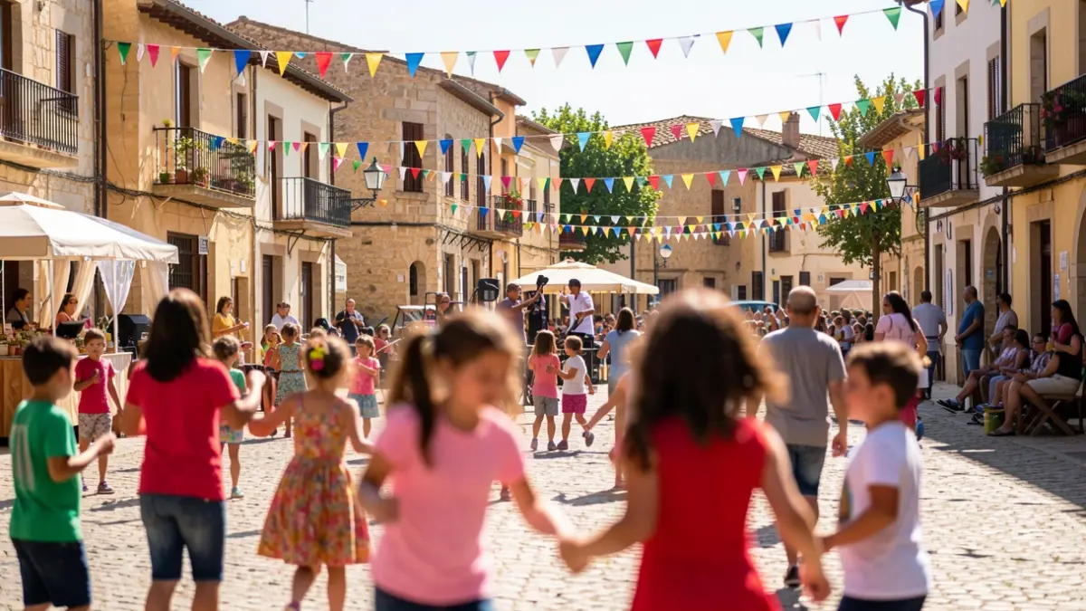Image générique d'un festival familial en Occitanie, avec des silhouettes floues d'enfants et d'adultes profitant des activités en plein air sous un ciel ensoleillé.