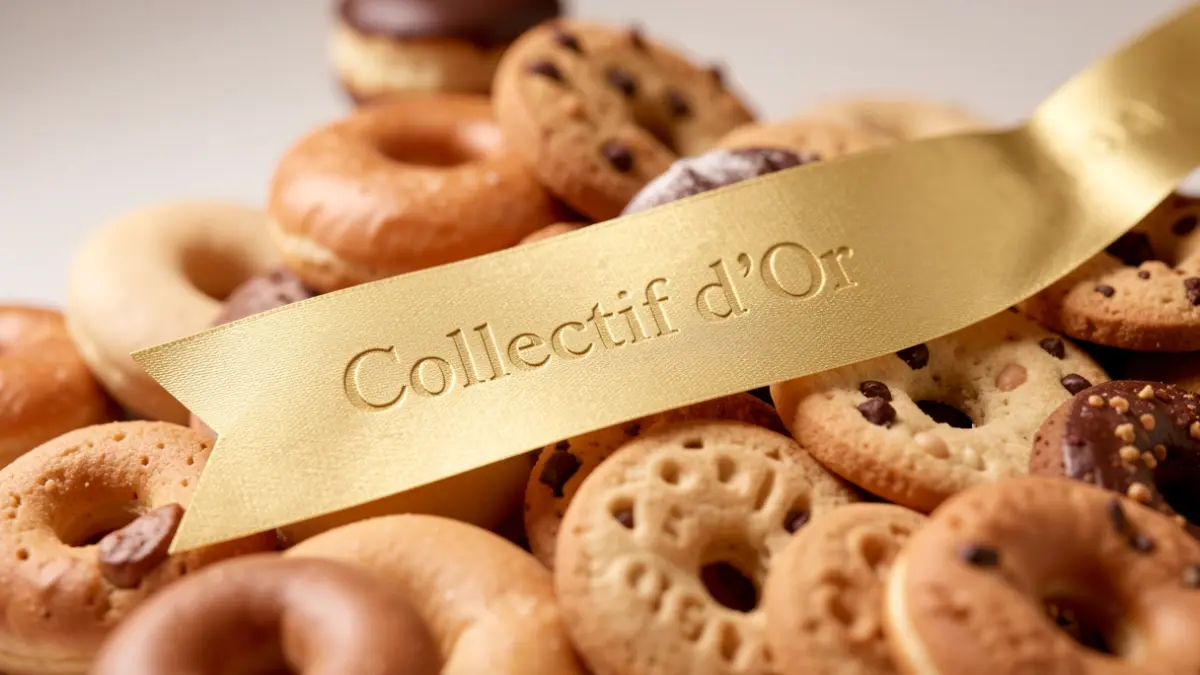 Image générique d'un ruban de récompense doré posé sur des biscuits et des donuts.