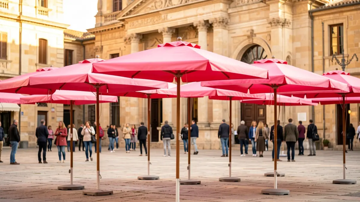 Parapluies roses formant un dais au-dessus d'une place pavée devant la façade d'un bâtiment classique, avec des silhouettes de personnes floues à l'arrière-plan, lumière d'après-midi.