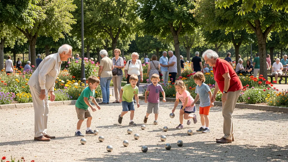 Seniors and children playing pétanque during an intergenerational event in Quint-Fonsegrives.