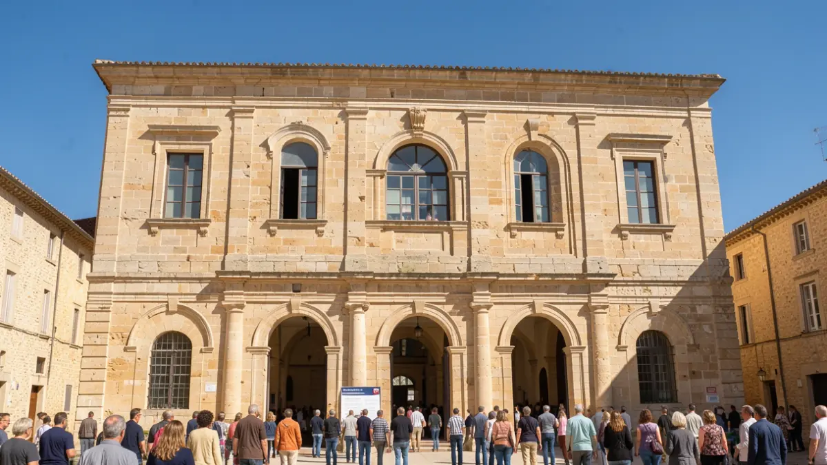 Façade de la mairie de Pézenas, un bâtiment historique en pierre sous un ciel bleu.