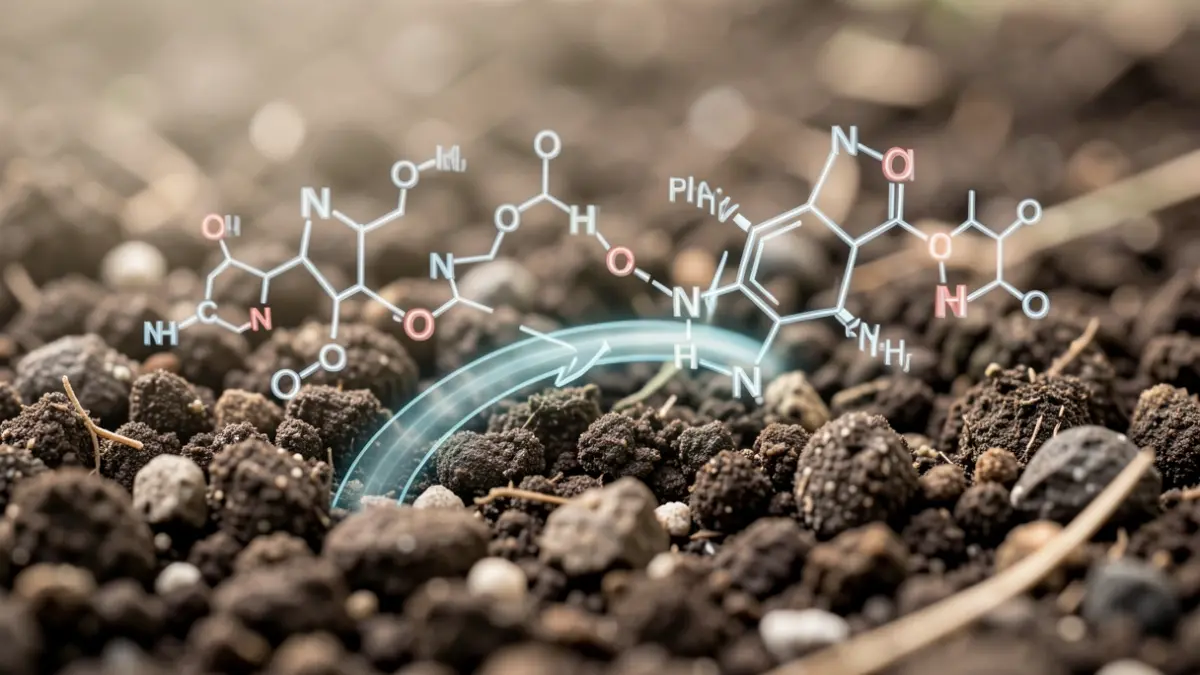 Image générique de particules de sol avec des représentations abstraites de molécules chimiques, symbolisant la contamination par les PFAS et leur transport.