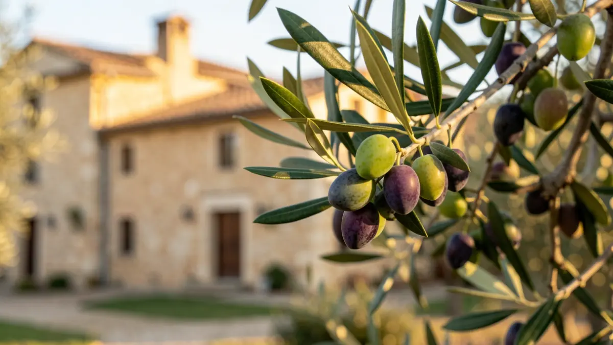 Olives mûres sur une branche avec un bâtiment traditionnel en arrière-plan.