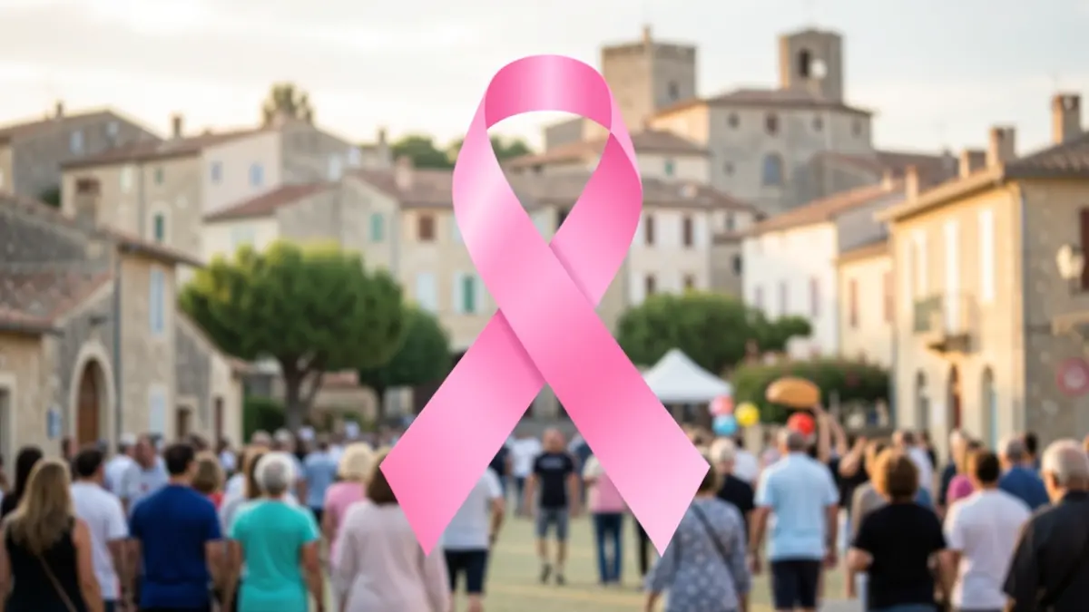 Pink ribbon symbol with cultural and sports elements of Pignan.