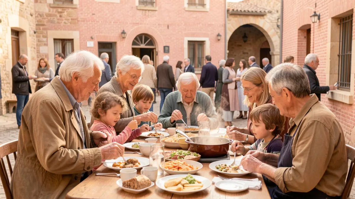 Generic image of elderly people and children sharing a meal and activities, in a friendly setting evoking the South-West of France.