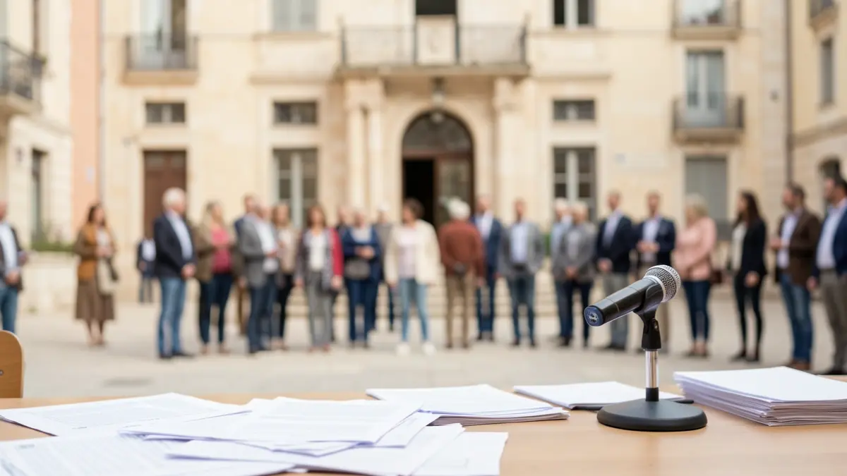 Generic image of a public meeting on urban planning in Southern France. Official building facade in the background, table with documents and microphone in the foreground.
