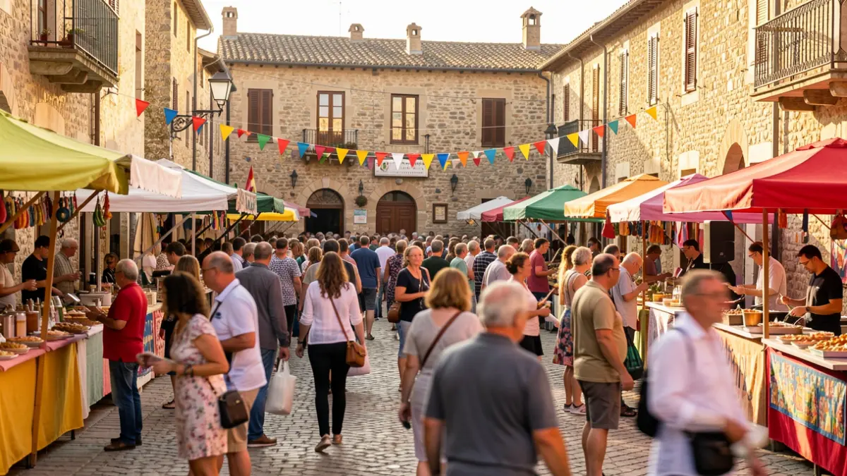Generic image of a lively neighborhood festival in Southern France, with blurred participants enjoying music and food.