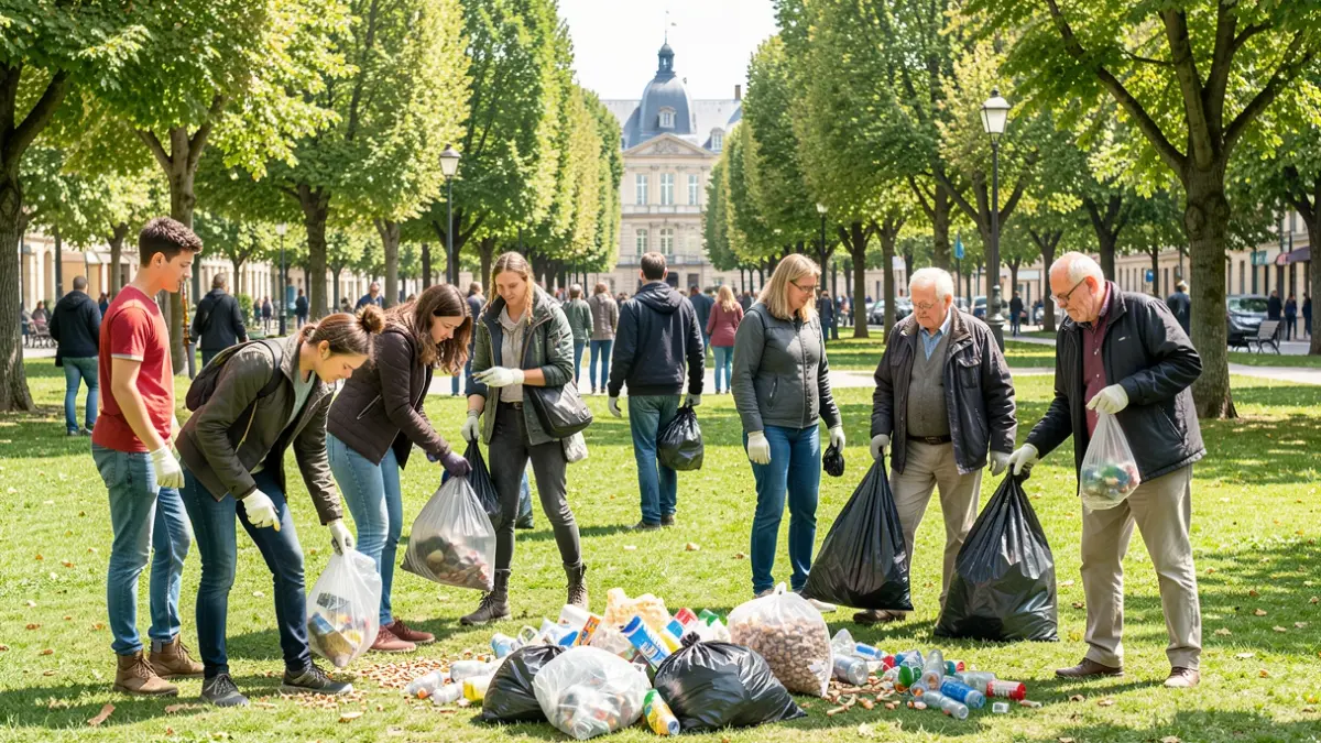 Volunteers collect trash during a cleanup operation in a municipal park.