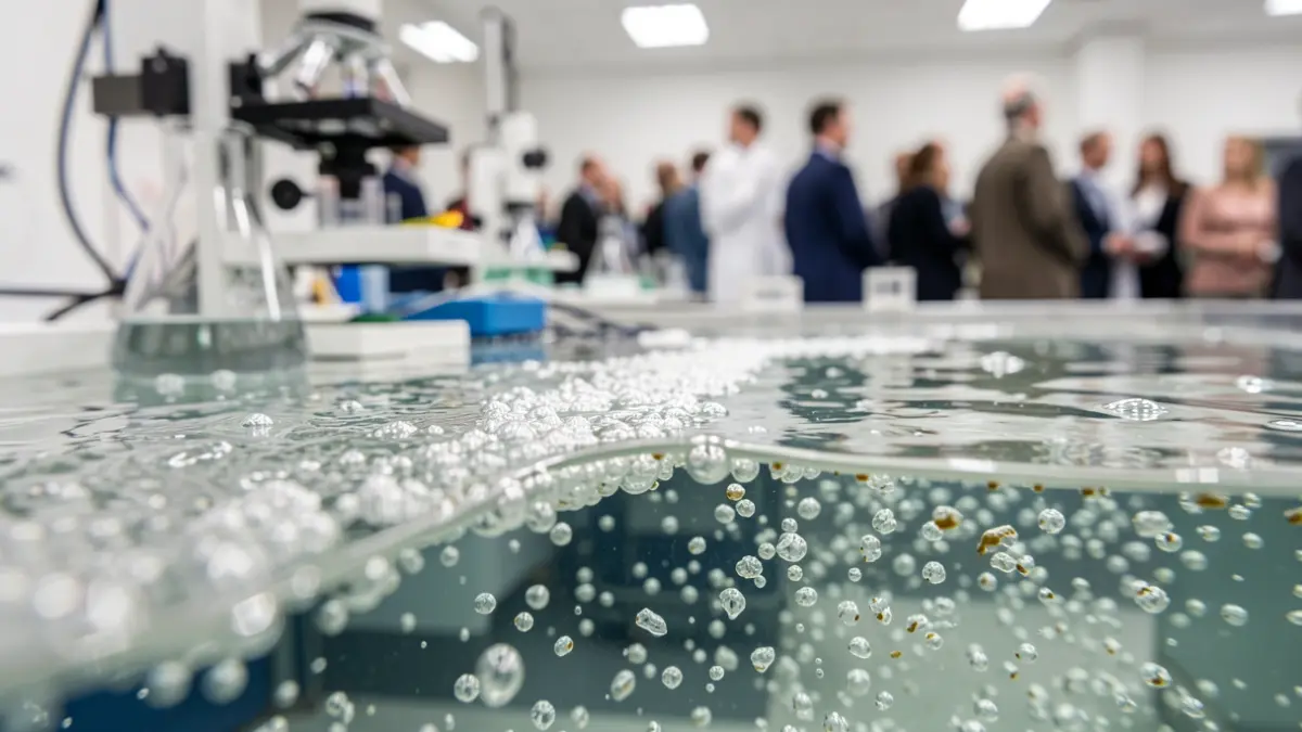 Generic image of microplastics and plastic particles in water, with a blurred background of laboratory equipment.