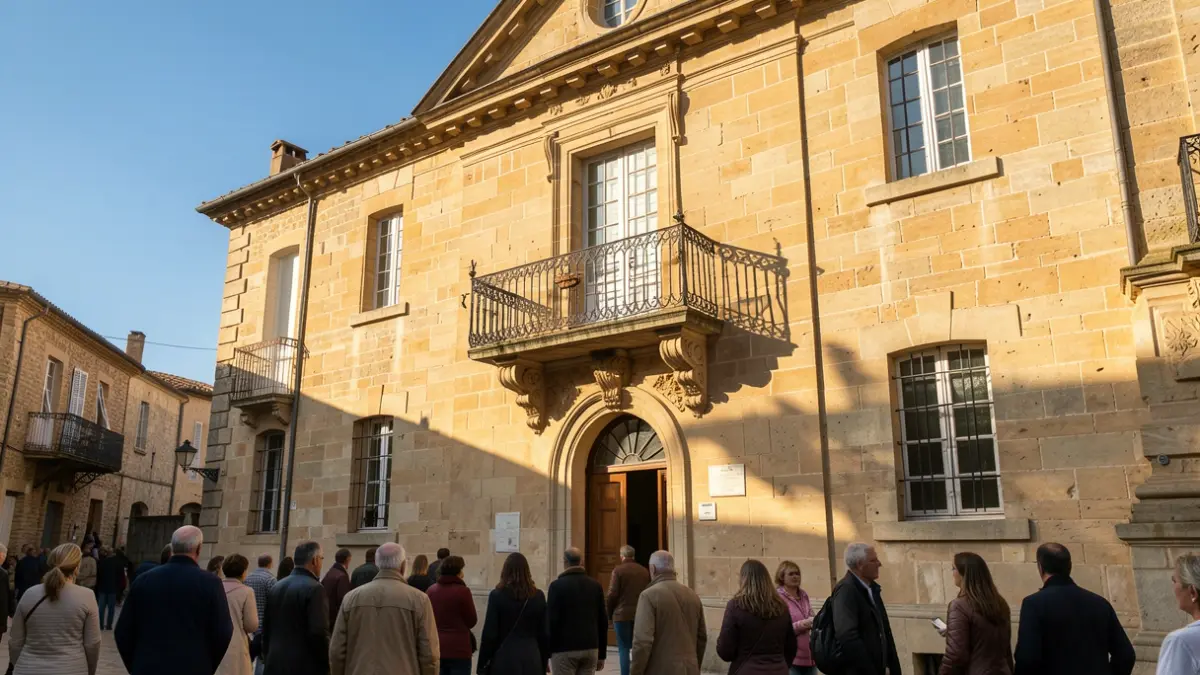 Image générique de la façade d'un hôtel de ville en pierre du sud de la France, avec balcon et balustrade en fer forgé, sous le soleil de l'après-midi.