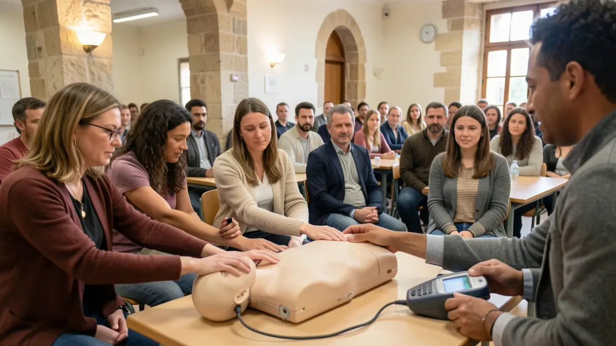 Image générique d'une séance d'initiation aux premiers secours avec un mannequin et un défibrillateur.