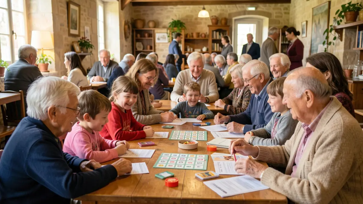 Generic image of an intergenerational gathering in a community hall, children and seniors playing together.