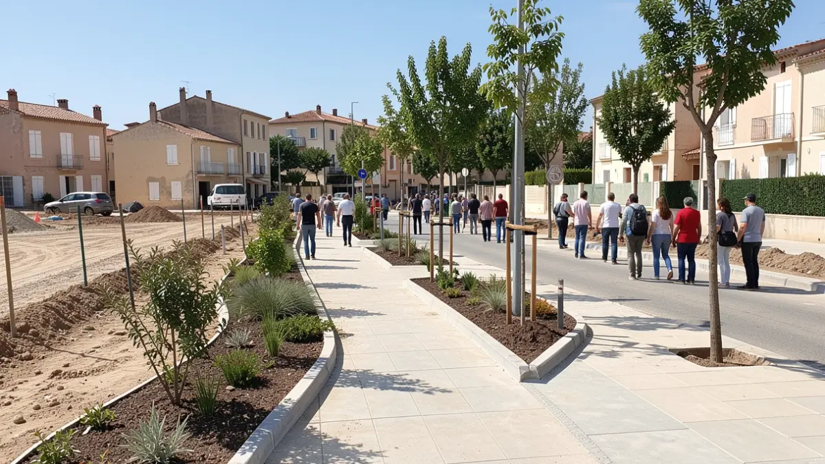 Construction site for the requalification of Avenue des Mûriers in Portiragnes-Plage, featuring the development of a pedestrian path and new plantings.