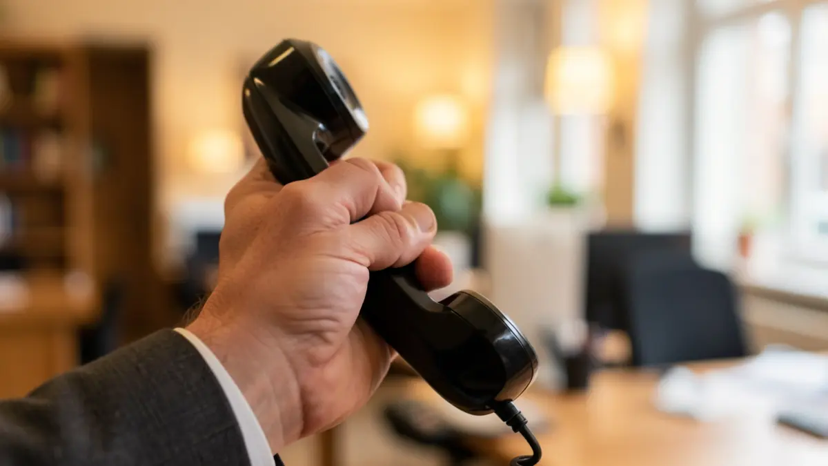 Image générique d'une main tenant un téléphone, dans un bureau faiblement éclairé.