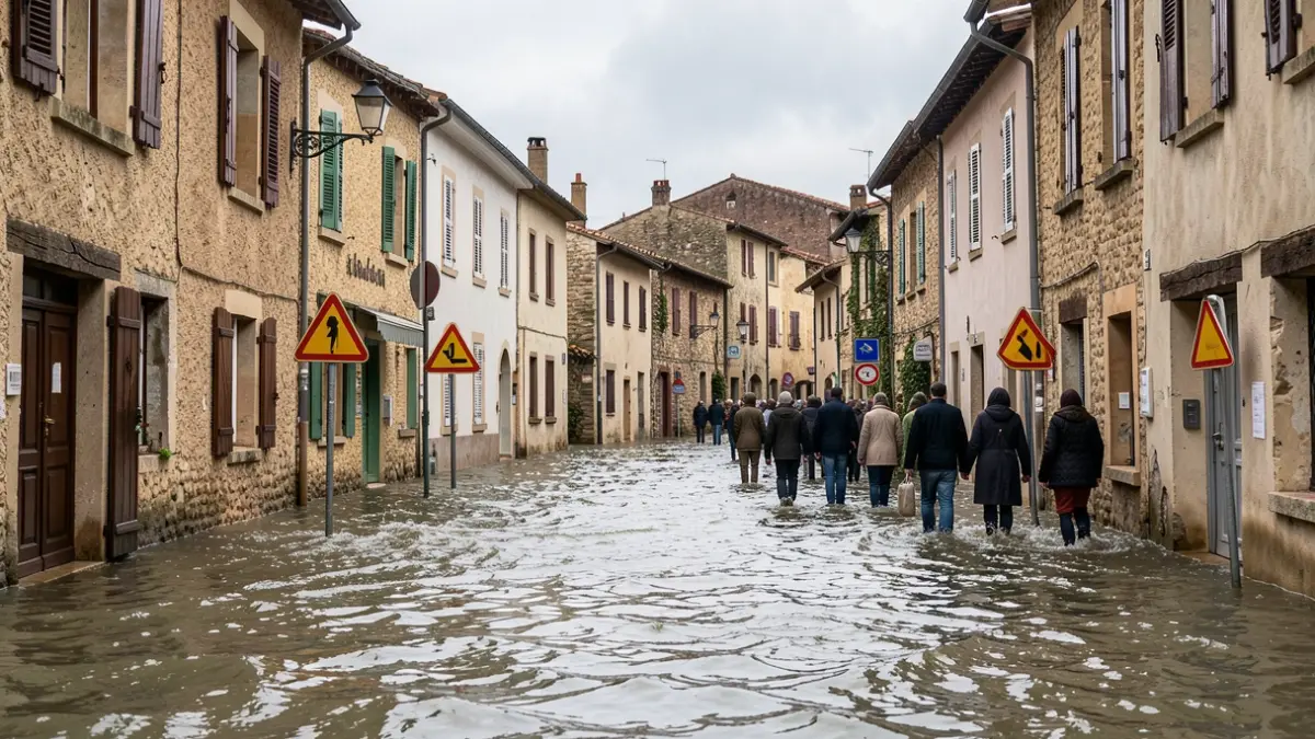 Flooded street in a Southern French town with traditional architecture, water level rising, warning signs visible, overcast sky, sense of urgency, documentary style.