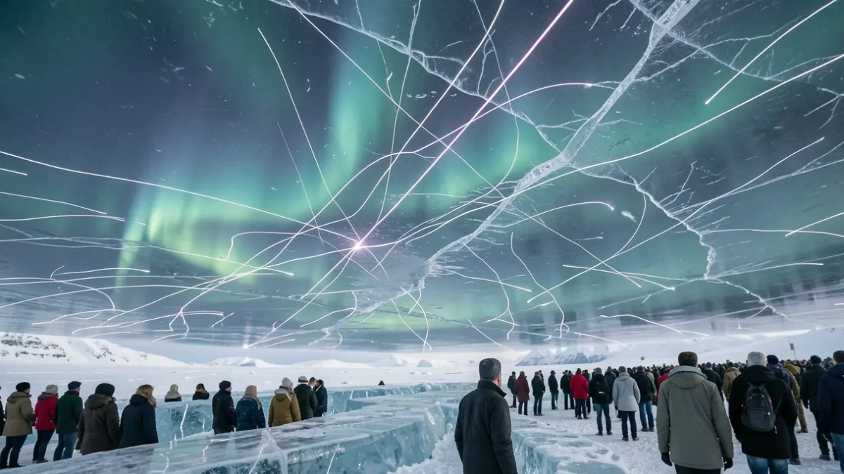 Représentation abstraite de neutrinos traversant la glace du pôle Sud avec des motifs d'aurores boréales.