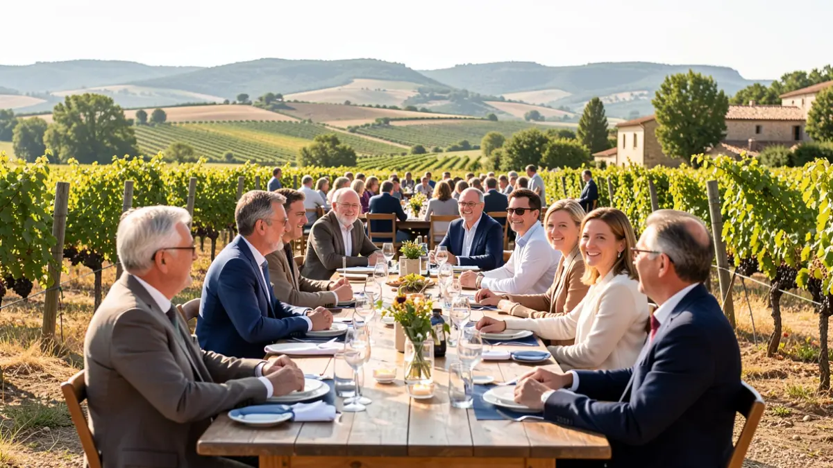 Image générique de professionnels du tourisme réunis dans un domaine viticole en Hérault.